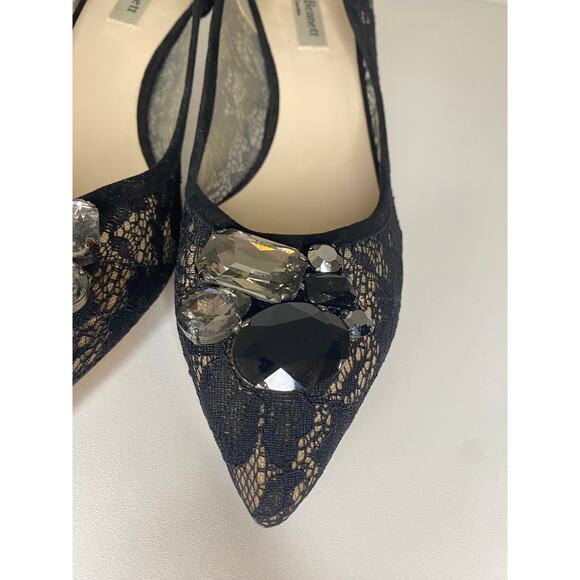 LK BENNETT HEELS 39.5 40 KITTEN BLACK LACE NUDE JULIET SUEDE JEWEL EMBELLISHMENT - Picture 11 of 16